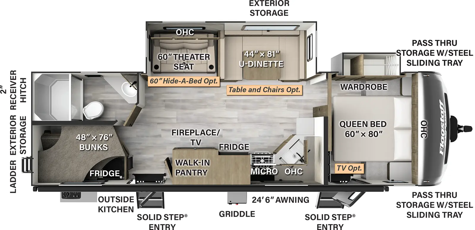 The 27BHWS has two slideouts and two entries. Exterior features a 24 foot 6 inch awning, solid step entries, outside kitchen with refrigerator, exterior storage, front pass-thru storage with steel sliding tray, griddle, rear ladder, and 2 inch receiver hitch. Interior layout front to back: foot-facing queen bed with overhead cabinet, off-door side wardrobe slideout, and entry door (TV optional); kitchen counter with sink wraps from inner wall to door side with overhead cabinets, microwave, cooktop, refrigerator, TV & fireplace with walk-in pantry behind, and second entry; off-door side slide out with u-dinette (table and chairs optional), theater seating (hide-a-bed optional), and overhead cabinets; rear off-door side full bathroom; rear door side bunk beds.